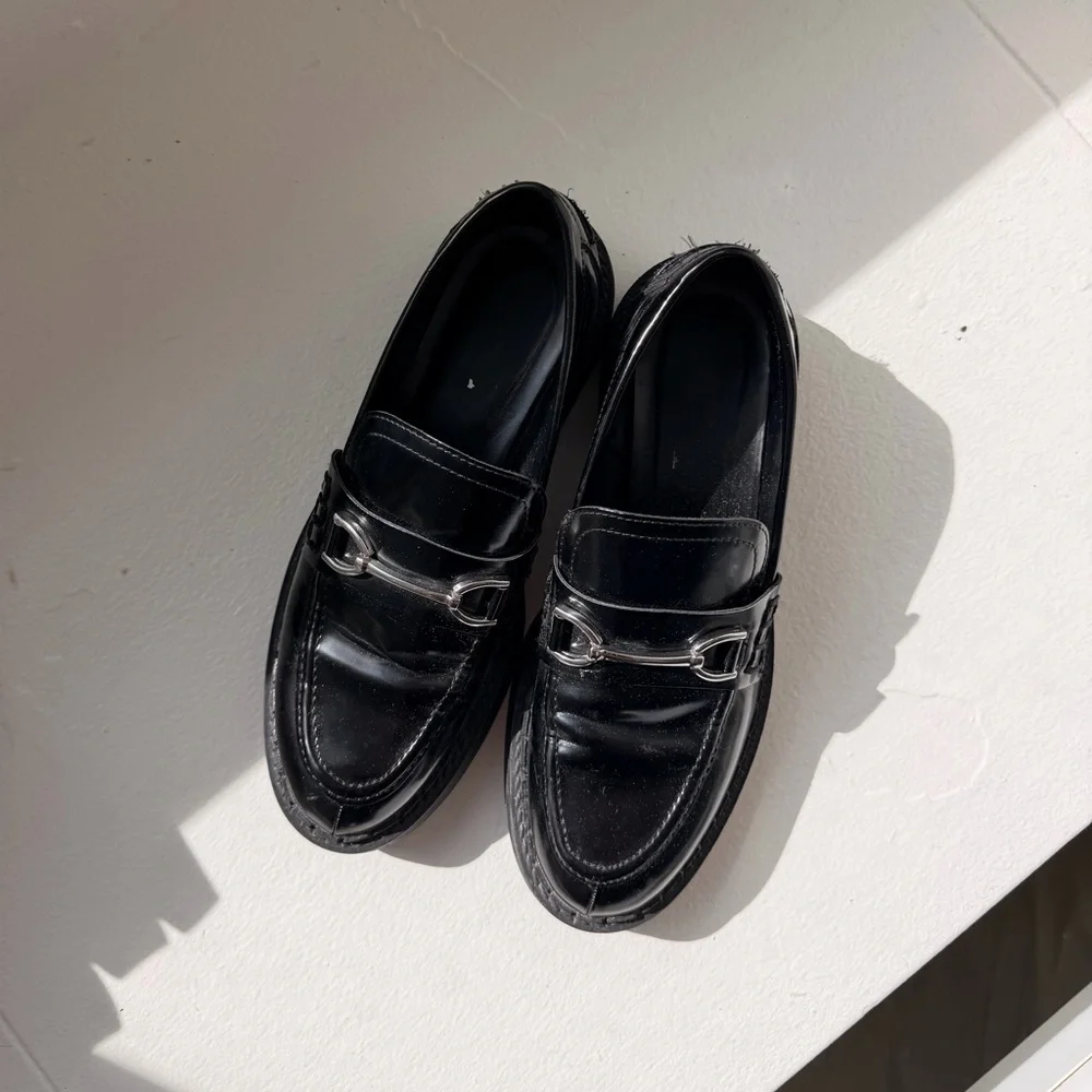 Zara Black Leather Loafers with Silver Hardware - Picture 1 of 3